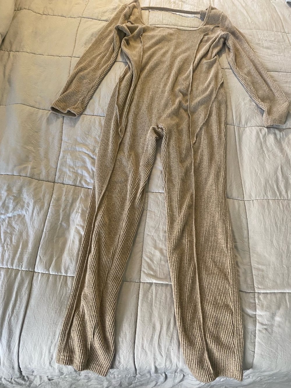 SHEIN Ribbed Long-Sleeve Beige Jumpsuit